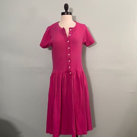 Vintage 80s Pink Cotton Button Front Drop Waist Dress - Picture 1 of 5